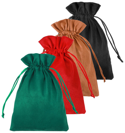 4PCS Velvet Drawstring Bags, 5.12x7.09 Inch Soft drawstring pouch for Tarot Rune Jewelry Crystal Dice Gift Storage Christmas Party Favors (Dark Green, Burgundy, Dark Brown, and Black)