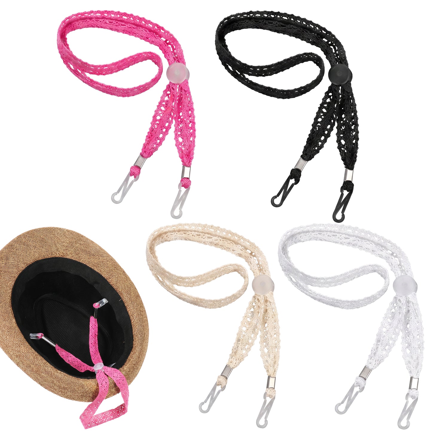Elegaperma 4 Pcs Hat Strap Windproof Replacement, Adjustable Chin Straps for Hats with Wide Lace Chain Cord, Fits Boonie/Fishing/Safari/Beach Hats (Black, White, Beige, Rose Red, 13.78 x 0.59 in)
