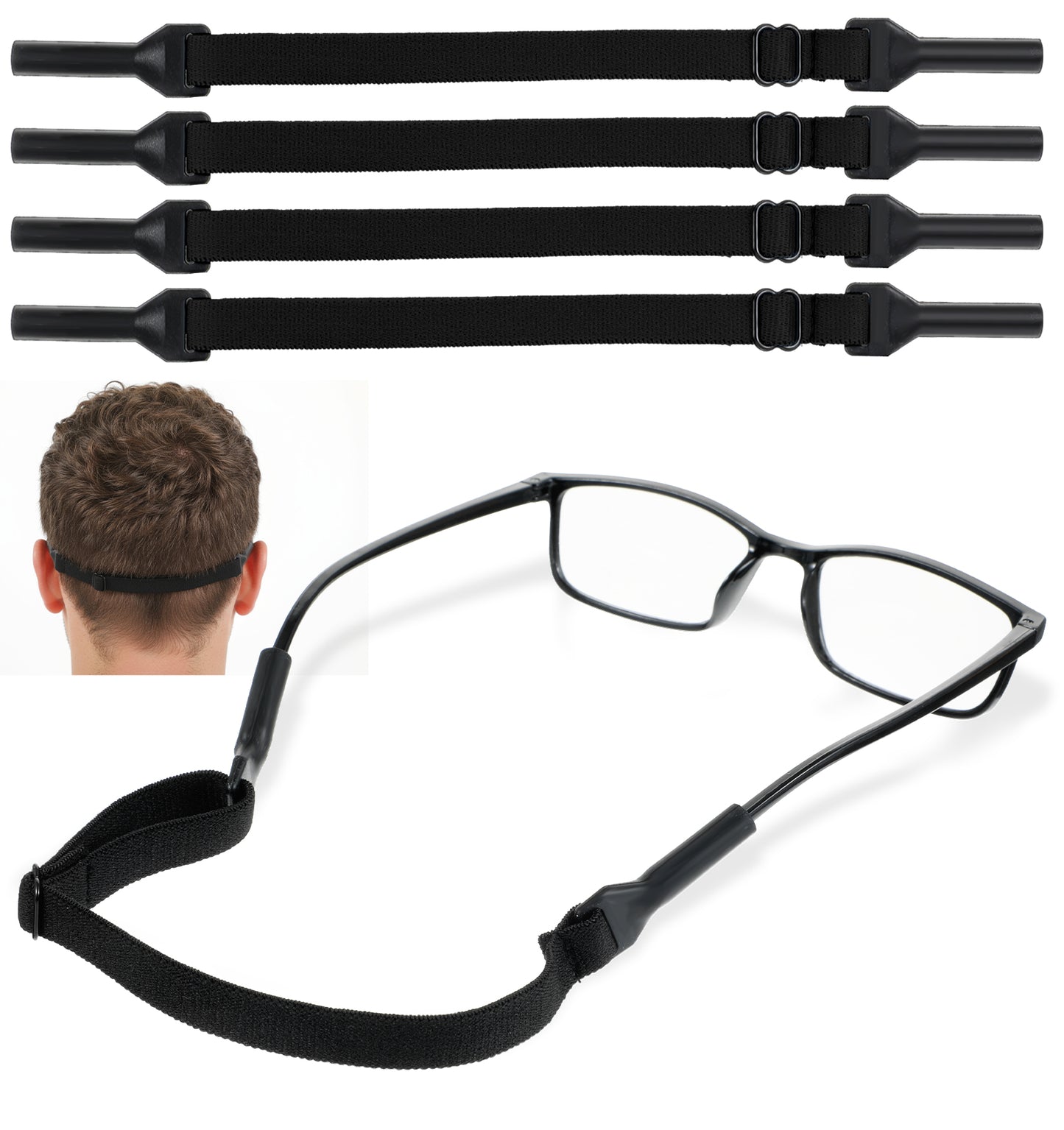 ValueBargain 4 Pack Sports Band for Glasses, Adjustable Glasses Sports Strap, Anti-Slip Pilotfish Glass Straps for Eyeglasses & Sunglasses, 8.5-12.5 Inch, Running, Cycling & Daily Use
