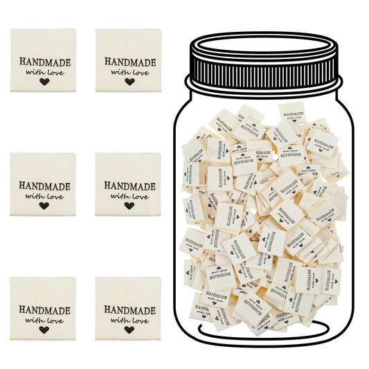 Guduling 200 Pcs Handmade Labels,Handmade with Love Fabric Labels Tags,Cotton Clothing Handmades Sewing Label, for Knitting, Crochet, DIY Clothing & Craft Projects, Washable & Durable