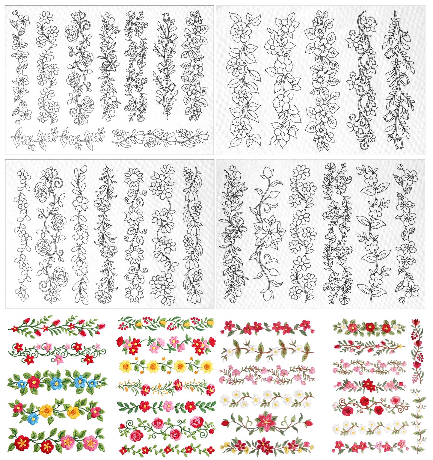 ValueBargain 4 Sheets Water Soluble Embroidery Stabilizer, Stick and Stitch Embroidery Paper with Pre-Printed Floral Patterns, Wash Away Transfer Paper for Hand Sewing, Beginners & DIY Craft Kits