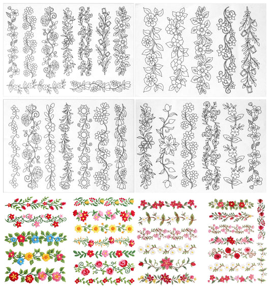 ValueBargain 4 Sheets Water Soluble Embroidery Stabilizer, Stick and Stitch Embroidery Paper with Pre-Printed Floral Patterns, Wash Away Transfer Paper for Hand Sewing, Beginners & DIY Craft Kits