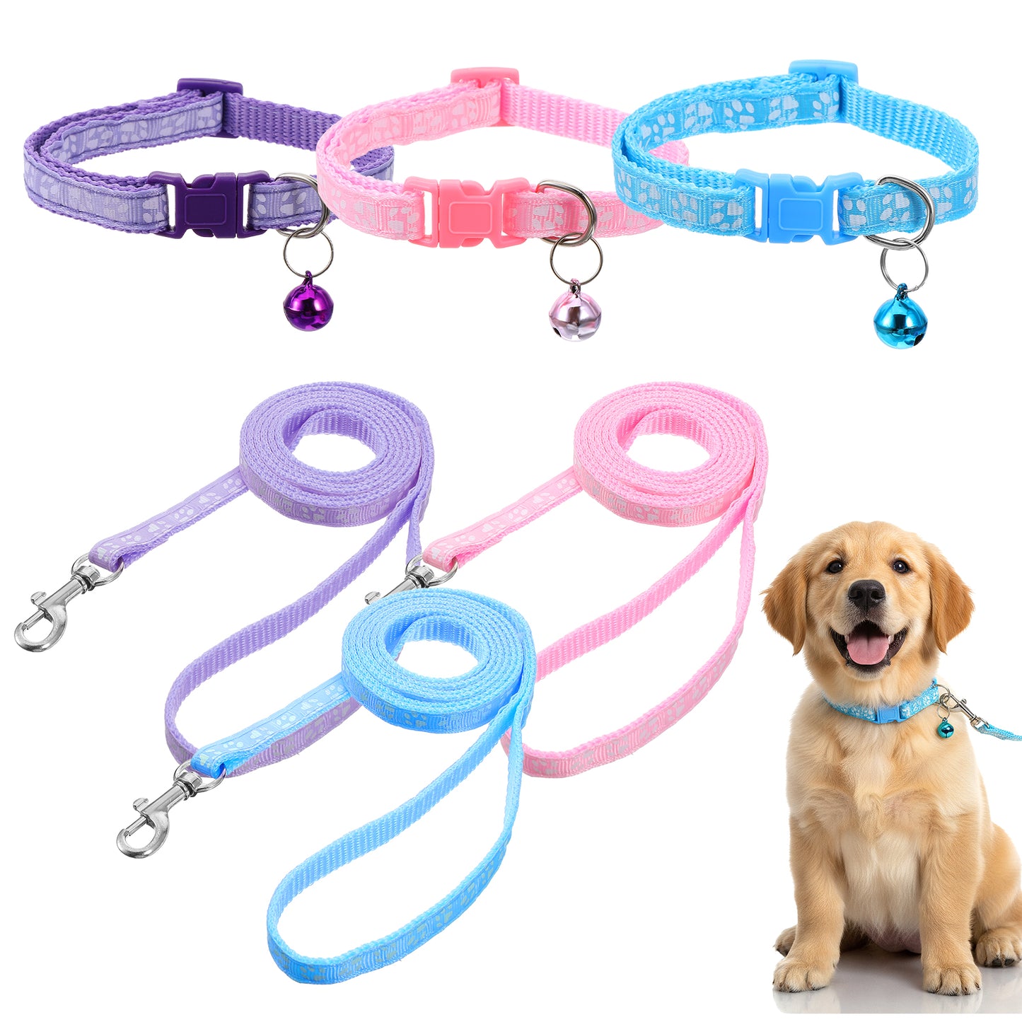 Guduling 3pcs Puppy Dog Collar, Small Dog Collar And Leash Set With Bell, Adjustable Puppy Collars and Leash, Paw Print Soft Collars for Puppys Small Dogs & Tiny Kitten (Purple, Pink, Blue)