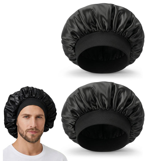 2 Pcs Bonnet for Men, Silk Bonnet Men Adjustable Satin Sleep Cap (Black)