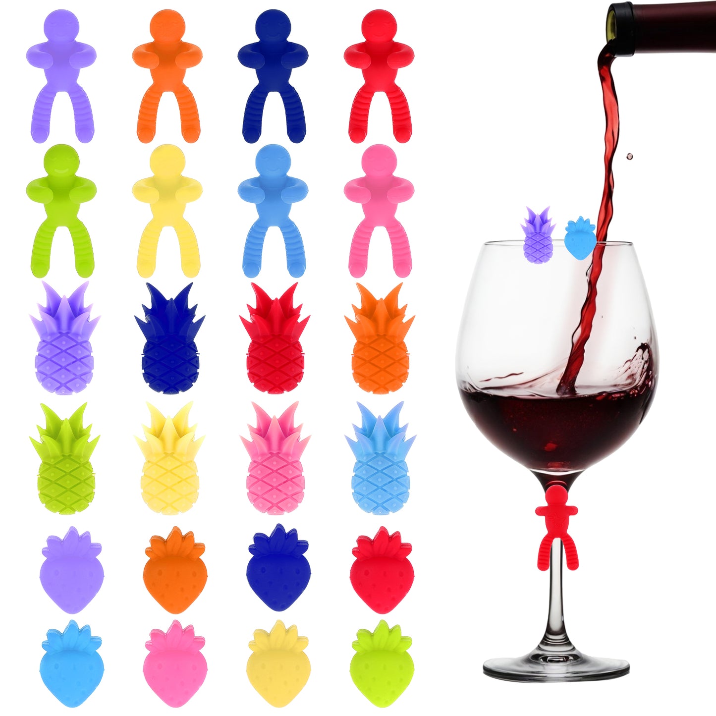 oruola 24pcs Wine Glass Markers Charms, Reusable Silicone Drink Markers, 3 Styles of Wine Glass Marker Charms, Suitable for Bar Parties, Champagne Flutes, Cocktail Glasses, and Other Occasions