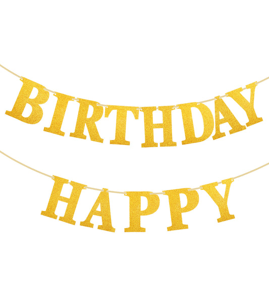 Gold Happy Birthday Banner, Instant Party Decor with Pre-Strung Gold Birthday Banner for Women and Men, No Assembly Needed for All Celebrations (15.2 X 12.7 Cm)