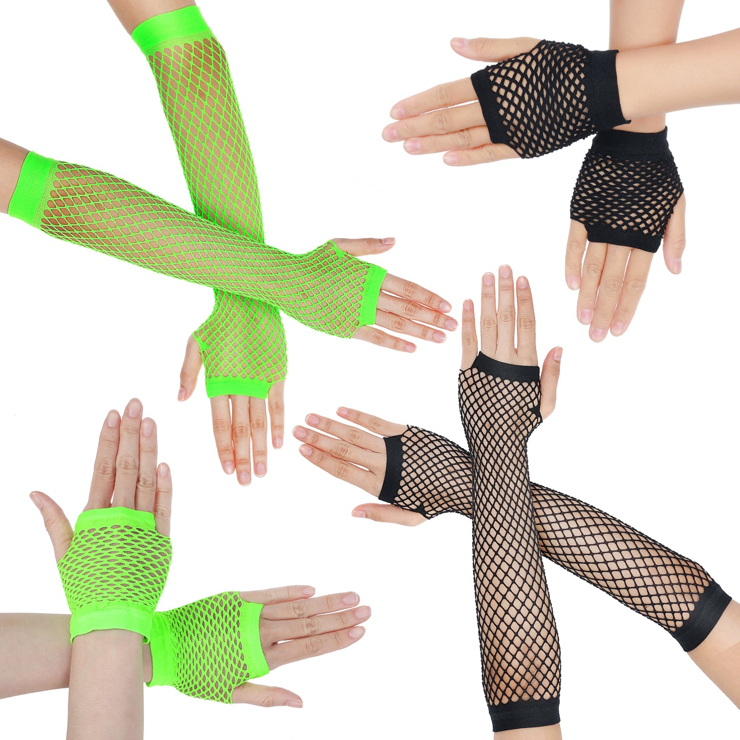 oruola 4Pairs Fish Net Gloves,Fishnet Arm Sleeves,Long & Short Fishnet Gloves Fingerless,Resilient Arm Fishnets for Goth Punk 80s Party Cosplay Costume Accessories for Women Girls,Green & Black