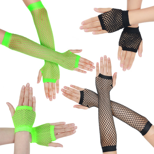 oruola 4Pairs Fish Net Gloves,Fishnet Arm Sleeves,Long & Short Fishnet Gloves Fingerless,Resilient Arm Fishnets for Goth Punk 80s Party Cosplay Costume Accessories for Women Girls,Green & Black