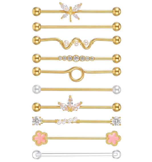 ValueBargain 10 Pcs Gold Industrial Piercing Jewellery, Stainless Steel Scaffold Piercing Jewellery for Cartilage Helix Piercings (1.8 Inch/4.6 cm)