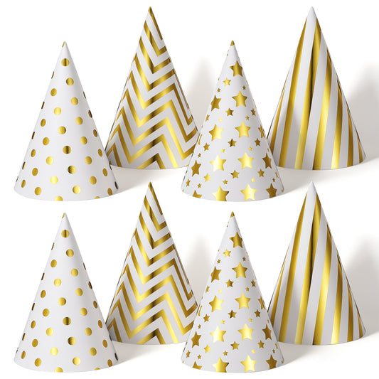 guduling 8 Pcs Party Hats for Adults,4 Pattern Birthday Party Hat,Small Metallic Foil Cone Hat,Birthdays Partys Hats for Adults in Celebration Headwear for Kids Adult
