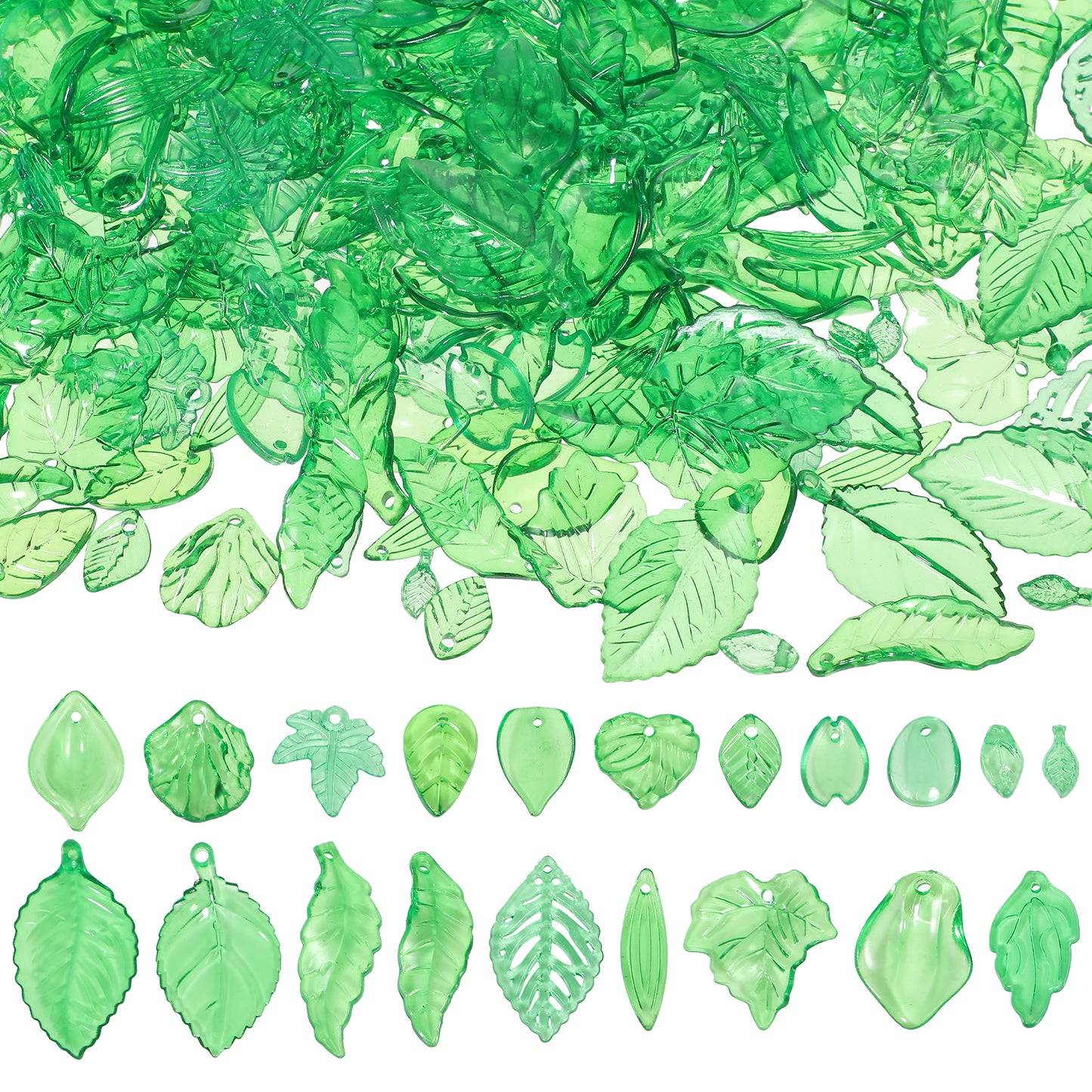 Classicseali 420 Pcs Leaf Beads,Acrylic Green Leaf Beads,Translucent Plant Charms for DIY Bracelets Necklaces Earrings Craft Embellishments,(4.5 x 1 cm)