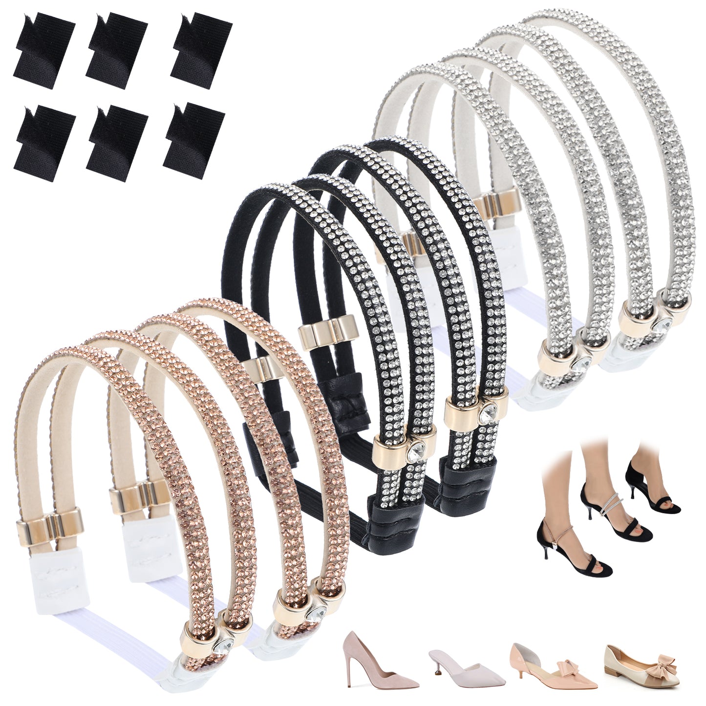 oruola 3 Pairs Shoe Straps for Heels,Rhinestone High Heels Straps with Elastic Band,Shoe Straps for Loose Shoes,Adjustable Shoe Strap for High Heels Sandals Slippers