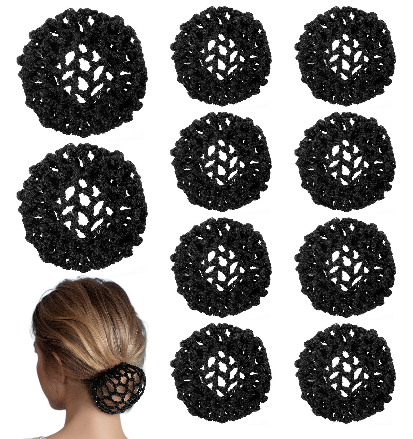 10PCS Crochet Bun Nets for Ballet Girls, Black Invisible Hair Bun Cover, Elastic Mesh Hair Bun Cover for Dance Skating Women Girls