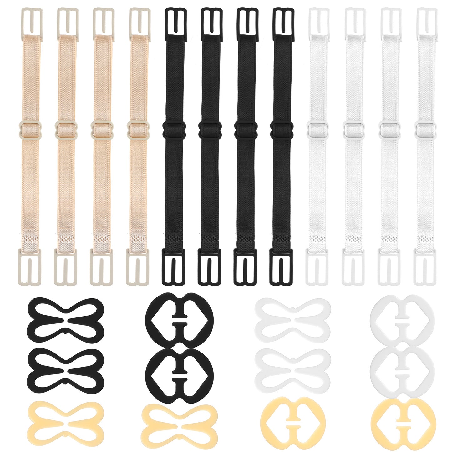 Classicseali 24pcs Bra Strap Holders, Non Slip Bra Strap Clips to Make Racerback, Reusable Bra Strap Holders for Slipping, Black White Nude Bras Straps Clip for Conceal Hidestrap Cleavage Control