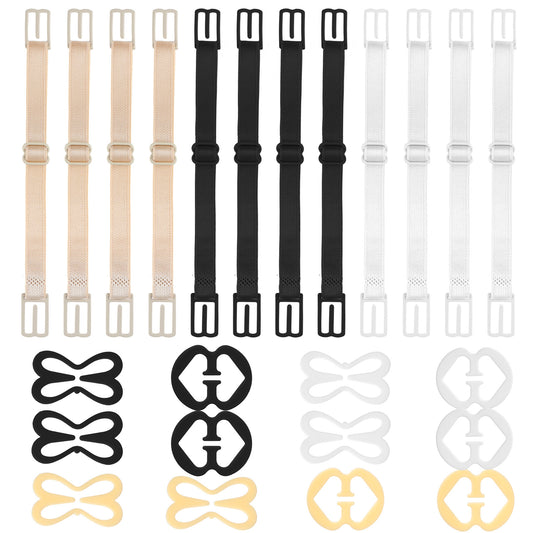 Classicseali 24pcs Bra Strap Holders, Non Slip Bra Strap Clips to Make Racerback, Reusable Bra Strap Holders for Slipping, Black White Nude Bras Straps Clip for Conceal Hidestrap Cleavage Control