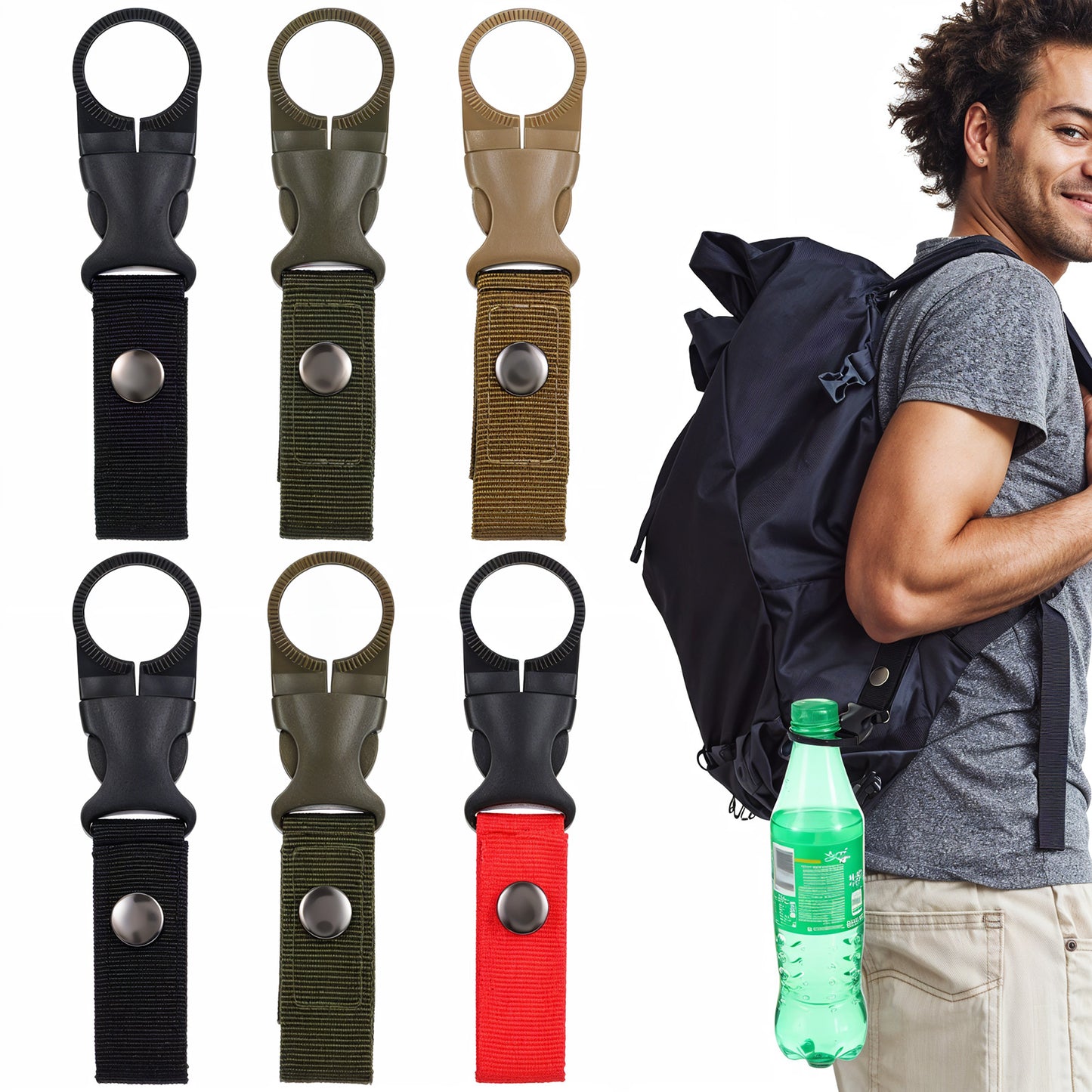 oruola 6pcs Hanging Bottle Buckle Clip,Nylon Water Bottle Hanging Strap,Portable Water Bottle Buckles Clip for Outdoor Camping Hiking Traveling Tactical(Black,Army Green,Khaki,Red)
