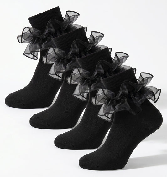 ValueBargain 2 Pairs Black Frilly Socks, Cotton Black Ruffle Socks Women