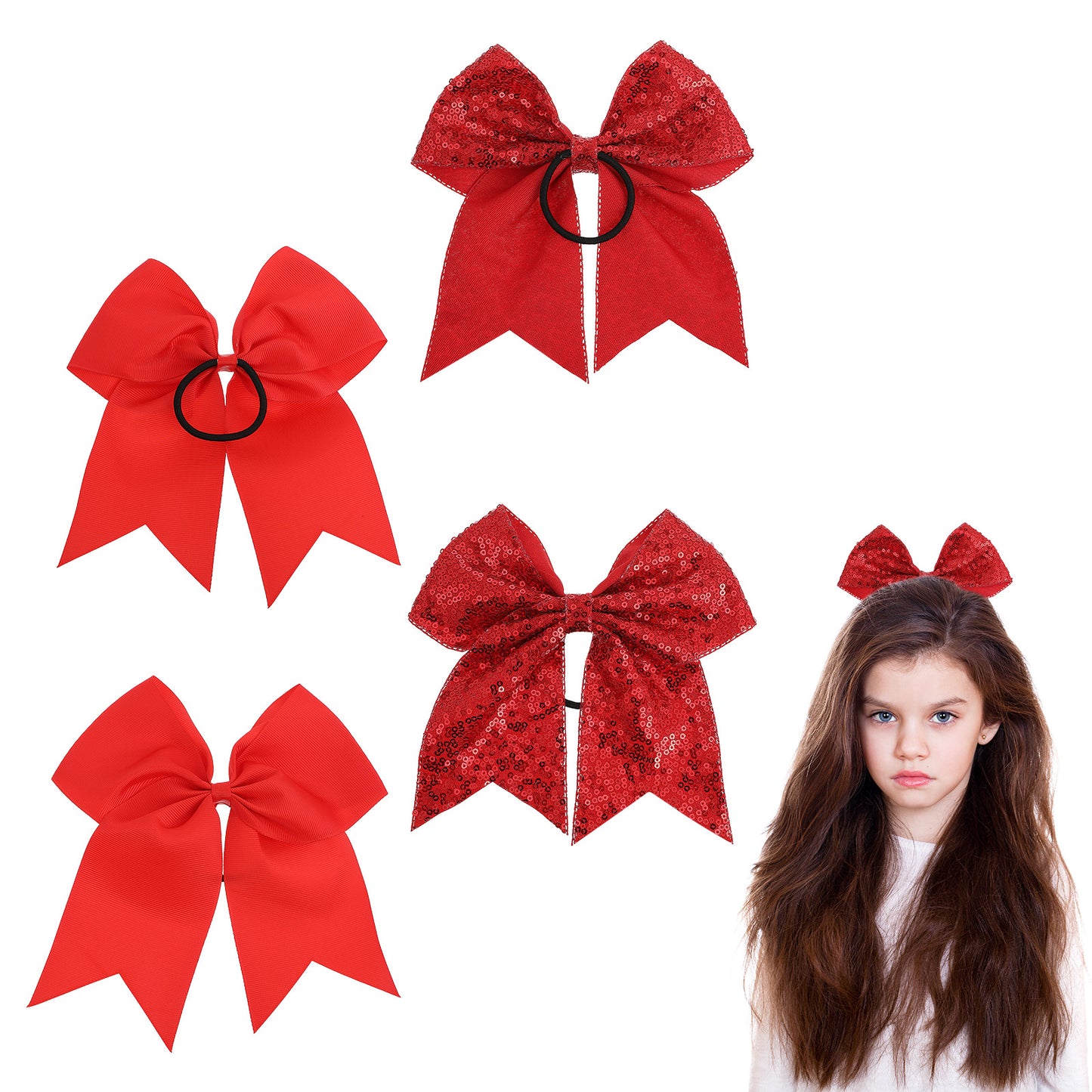 Classicseali 4pcs Red Cheer Bow, 7 In Sequin Large Red Hair Bows Clips, 2 Different Cheer Bows for Cheerleaders, Hair Bow For Baby Girls, Toddler, Kids,Young Women Birthday Party Wedding Christmas
