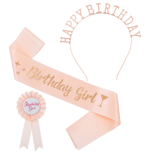 Classicseali Birthday Girl Headband, Birthday Girl Sash and Birthday Badge Girl Set - Birthday Decorations for Kids and Women - Includes Tiara, Sash, and Badge for Birthday Party Supplies, Champagne