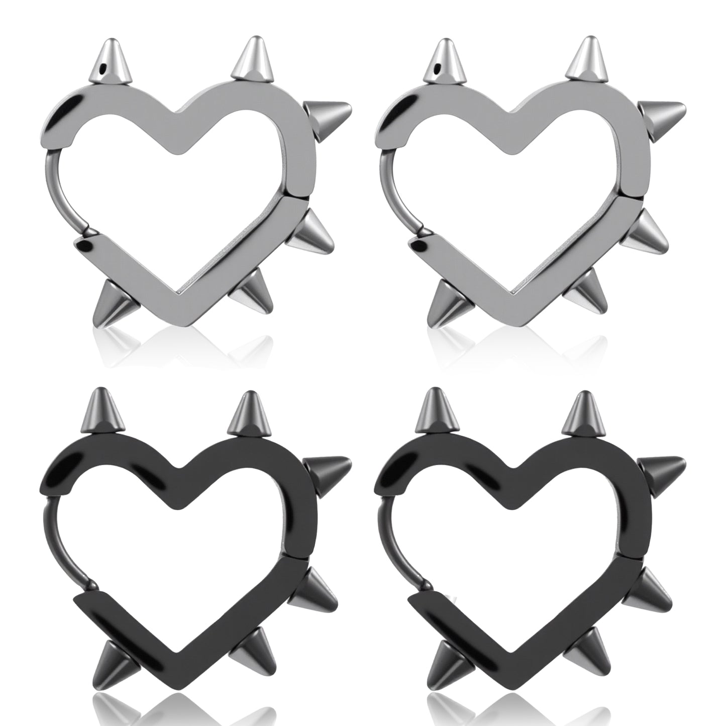 2 Pairs Gothic Earrings, Silver Black Alt Spike Heart Hoop Emo Earrings for Women & Men, Stainless Steel Y2K Punk Earring, Stylish Jewelry Gift, 4Pcs Skin-Friendly