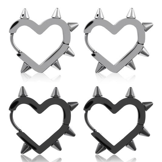 2 Pairs Gothic Earrings, Silver Black Alt Spike Heart Hoop Emo Earrings for Women & Men, Stainless Steel Y2K Punk Earring, Stylish Jewelry Gift, 4Pcs Skin-Friendly