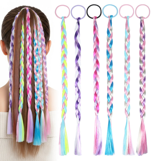 6 Pcs Colorful Hair Extensions for Kids, Hair Braids & Braid Extensions for Kids, Elastic Tie-On Synthetic Ponytail Accessories for Girls, Daily Wear & Parties (Rainbow Colors)