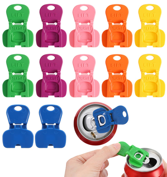 12 Pack Ring Pull Can Opener, Leak-Proof Plastic Can Top Opener with Protective Covers, Easy Grip Tab Openers for Coke, Beer, Fizzy Drinks & Canned Beverages