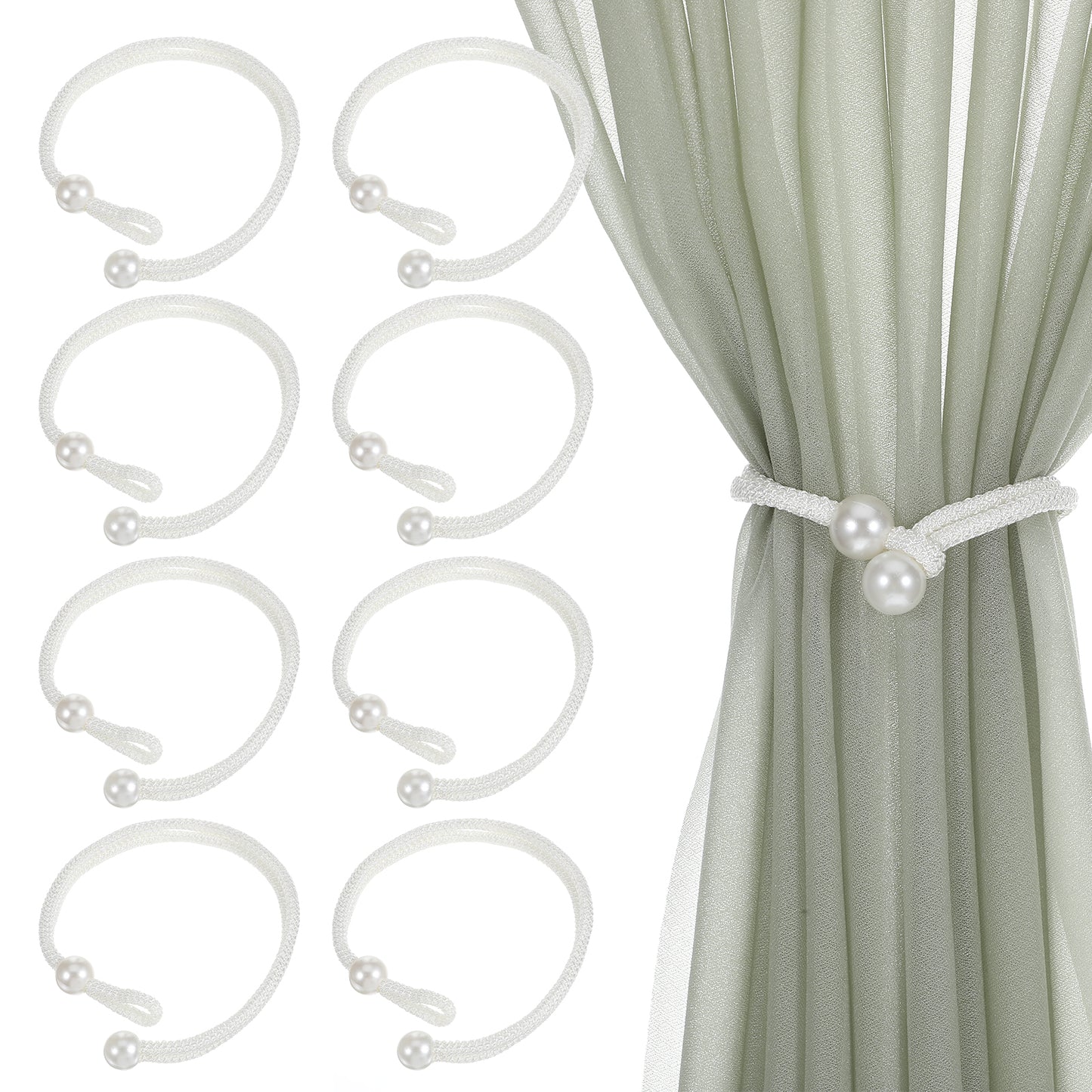 oruola 8pcs Tie Backs for Curtains,Adjustable White Tie Backs with Pearl Curtain Rope Buckle Cord Holders,Simple Style Decorative Curtain Tiebacks for Home Hotel Office Window Drapery
