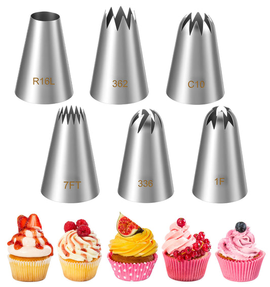 6Pcs Large Piping Tip, Stainless Steel Cupcake Piping kit for Frosting, Icing, Cupcakes & Cookies (1F C10 R16L 362 7FT 336)