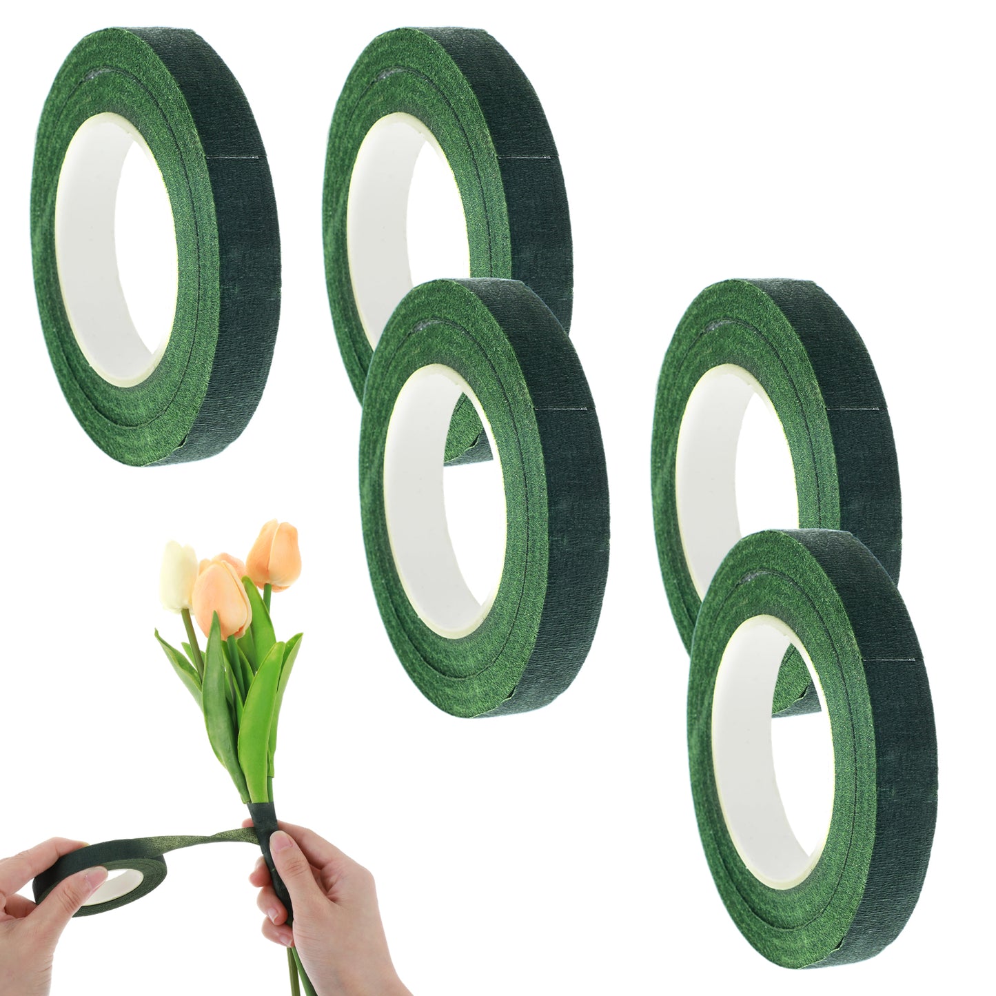 oruola 5 pcs Flower Tape,12MM Green Florist Tape for Bouquet Stem Wrapping and DIY Handcrafts,Green Tapes for Flowers for Crafts Bouquets Stem Vases Artificial Flowers Wreath