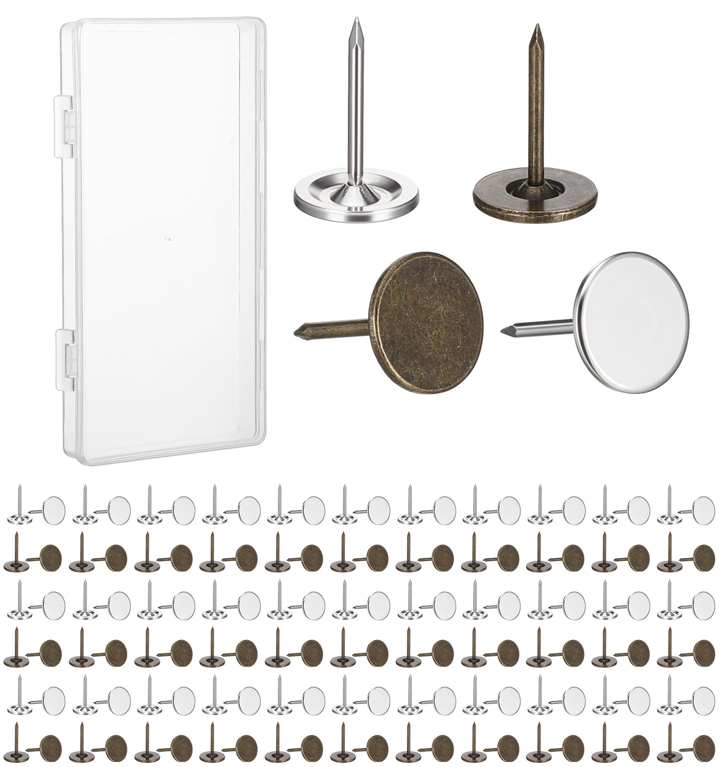 Flat Thumb Tacks, 110PCS Heavy Duty Push Pins with 7/16 Inch, Flat Head for Wall Decor Furniture Fabric and Wooden Photos, Silver and Antique Brass