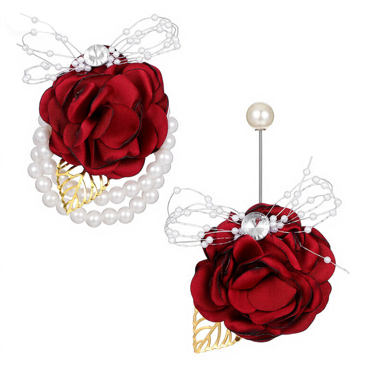 Classicseali 2PCS Wrist Corsage, Artificial Wrist Corsage, Red Boutonniere for Men with Bracelet, Wedding Party Suit Flower Accessories (Red)