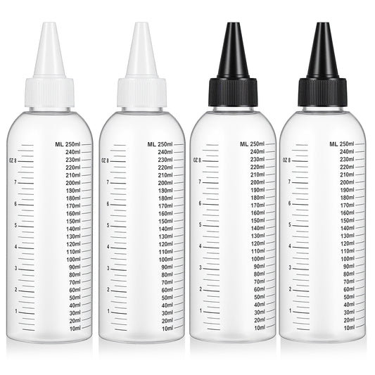 guduling 4-Pack Hair Oil Bottle.250ml Plastic Oil Bottle for Hair,Hairs Bottles Applicator with Clear Graduated Scale Twist-On Top Tip Cap,for Root Touch-Up, Scalp Dye & Hairs Oils (2 Colors)