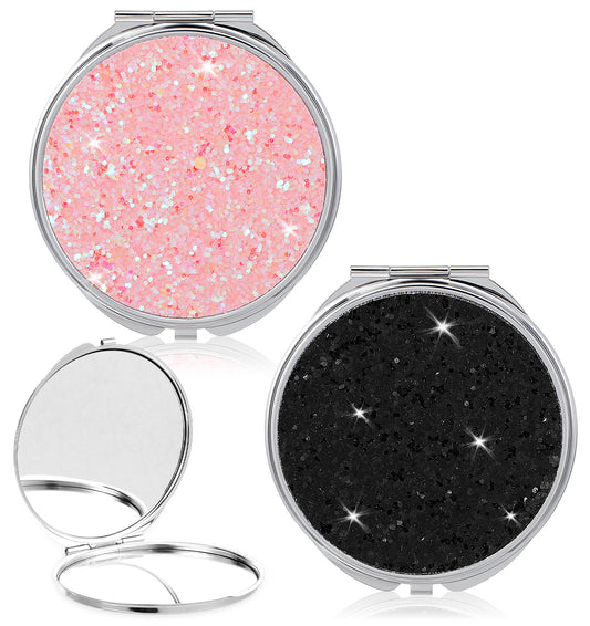 Thrymme Pink Compact Mirror, 3-Inch 2-Sided Compact Mirror for Purse with 1x & 2x Magnification, Glitter Folding Travel Makeup Mirrors for Women & Girls (Black and Pink)