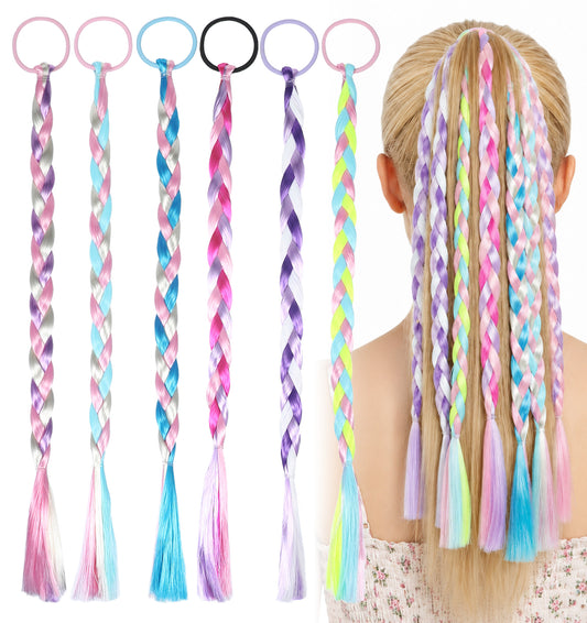 6-Pack Colorful Braid Hair Extensions, Rainbow Hair Extension Accessories, Synthetic Hairs Braids for Girls, Kids Braided Ponytail Accessories for Party