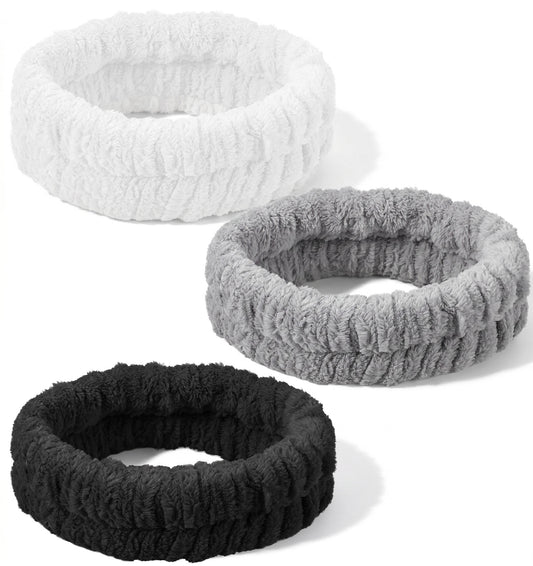 Hair Band for Washing Face, 3PCS Headband for Washing Face, Soft & Absorbent for Skin Care, Yoga & Daily Use (Black/Gray/White, 17x5.5 Cm)