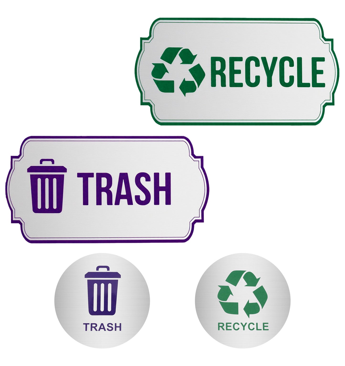 4PCS Recycling Stickers for Bins, Trash and Recycle Stickers Set, Waterproof Self-Adhesive Labels for Indoor & Outdoor Use, Silver Finish