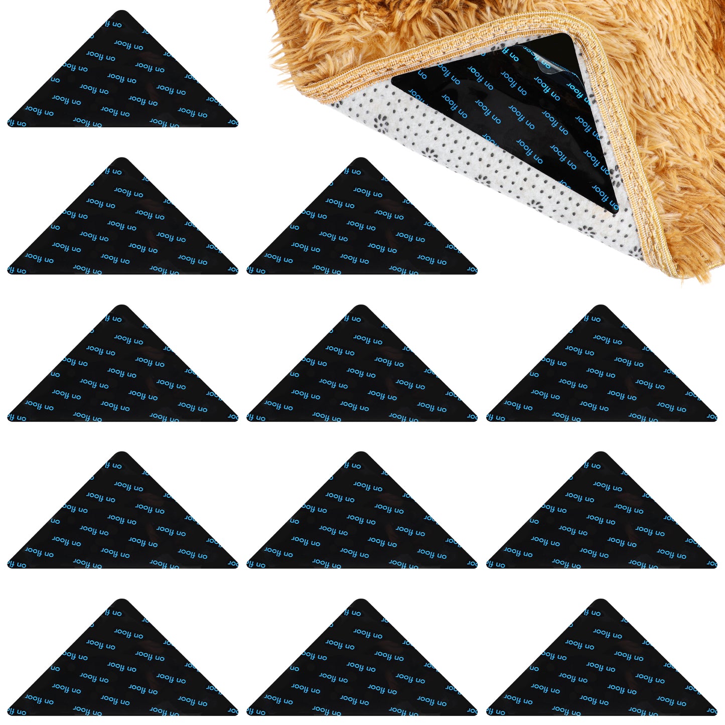 oruola Rug Tape,12pcs Carpet Stickers for Rugs,Double Sided Anti-Slip Rug Gripper for Wooden Floors,Reusable and Washable,Triangle Rug Tape for Hardwood,Tile and Marble Floors,Black