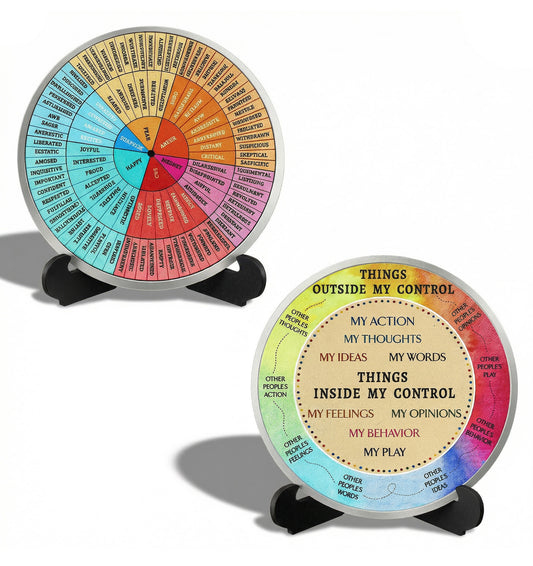 ValueBargain Emotion Wheel with Stand, Double-Sided Feelings Wheel for Emotional Regulation & Mental Health – Wooden Desk Decor for School, Office & Home (15.8 cm Diameter)