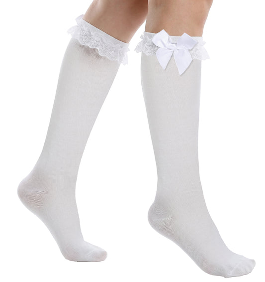 Thrymme Knee High White Socks, White Knee High Socks with Bows, Ruffle Cotton Stockings for Girls Women Christmas School Dating Dance