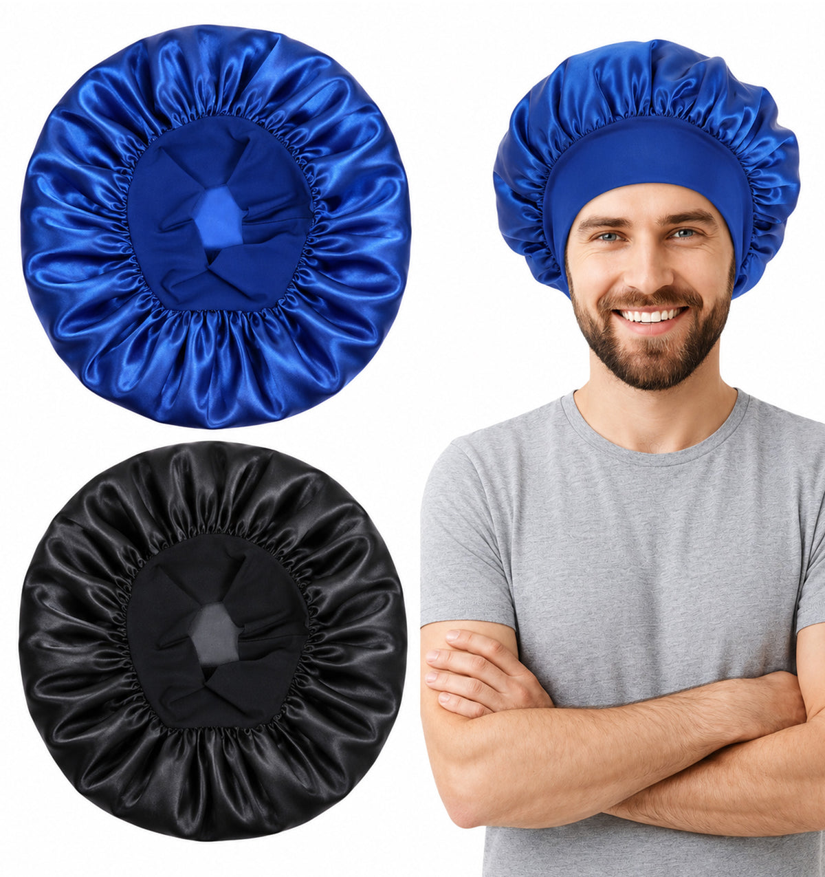 Bonnet Men, 2 PCS Silk Bonnet for Sleeping Men & Women (Black + Blue)