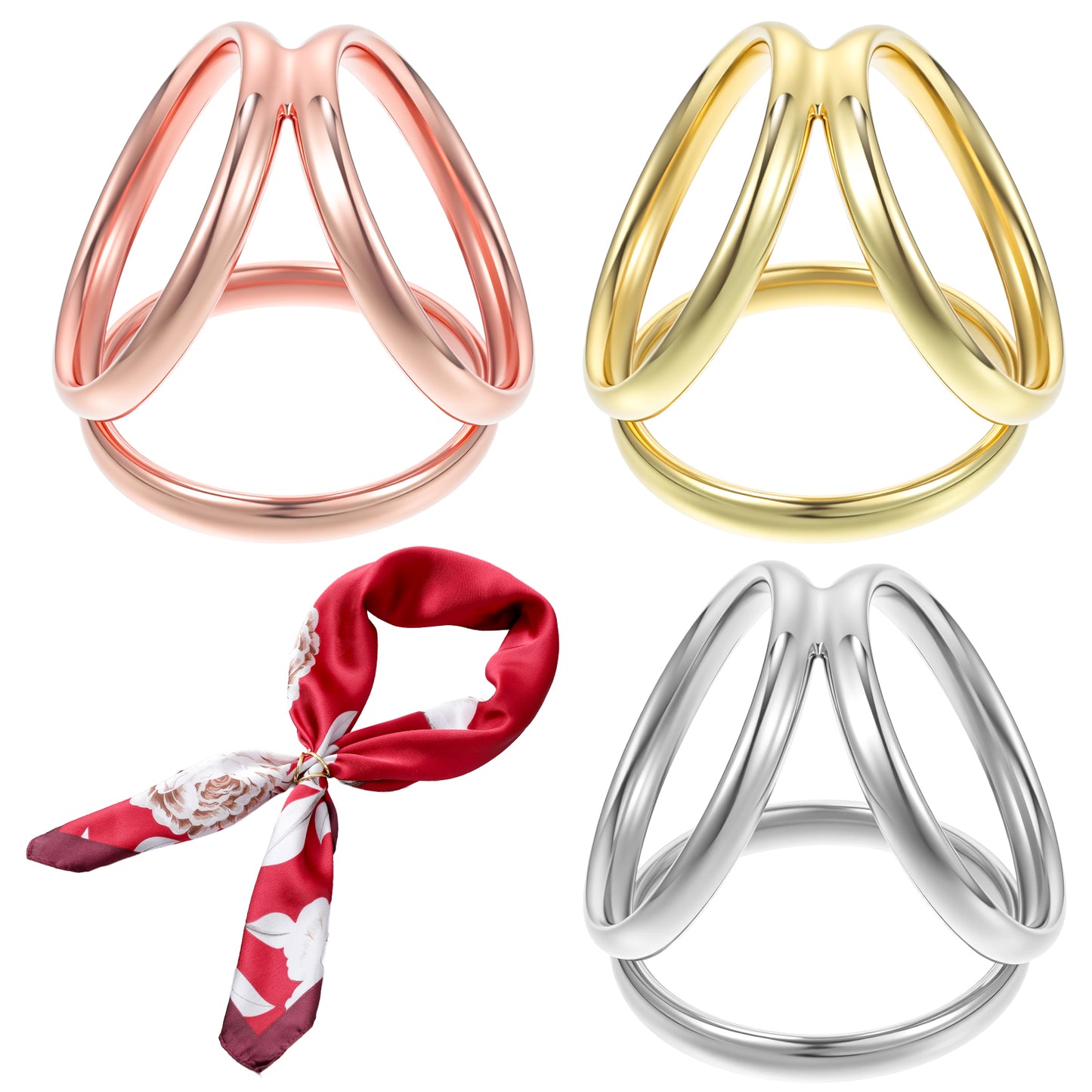 Elegaperma 3pcs Scarf Rings for Women, Three Rings Womens Scarf Ring, Neck Scarfs Ring, Multiple Tying Methods Silk Scarfs Clip for Clothing, Scarves, Scarves, Gold, Silver, Rose Gold