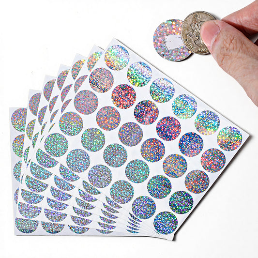 Elegaperma 300Pcs Scratch Off Stickers, Silver Holographic Scratchs Off Sticker 1 Inch Round Self-Adhesive, Metallic Gold Scratch Stickers for Cards for DIY Craft Party Game Gift Card Classroom Reward