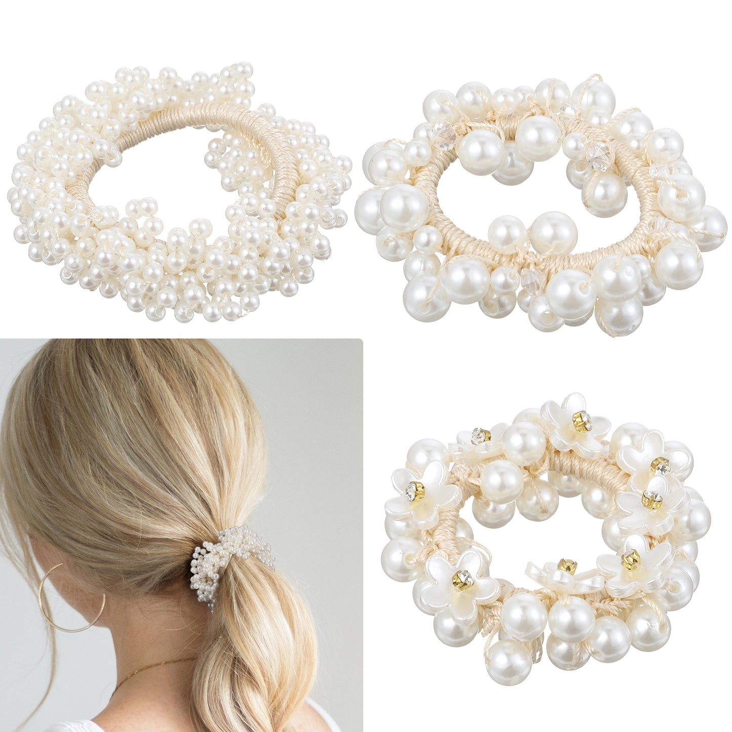 Guduling 3pcs Hair Scrunchie, Hair Ties for Women, Irregular Round Pearls Hand-Wrapped, Flower-Shaped Pearls, Suitable for Women And Girls, White
