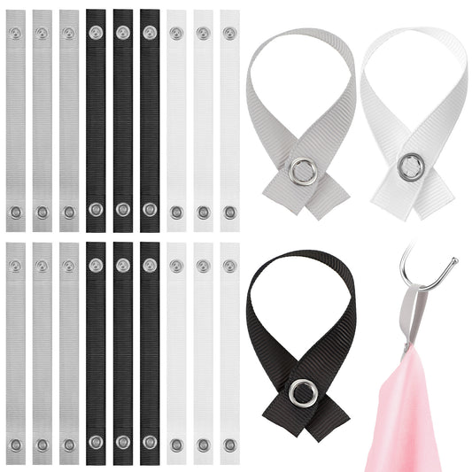 Elegaperma 18 Pcs Towel Clips for Hanging, Black & White & Grey Fabric Towel Clips with Pin Button Closure, No-Sew Textile Hangers for Kitchen & Home (15.5 x 1.5 cm)