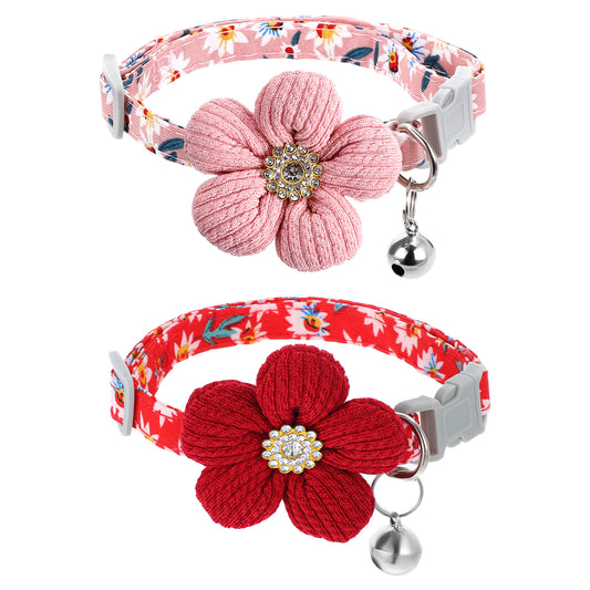 Guduling 2 Pcs Cat Collar Pink,Cat Collar Cute with Flower,Pink Kitten Collars with Bell,Floral Pet Collars with Safety Buckle for Cats and Puppy Dog