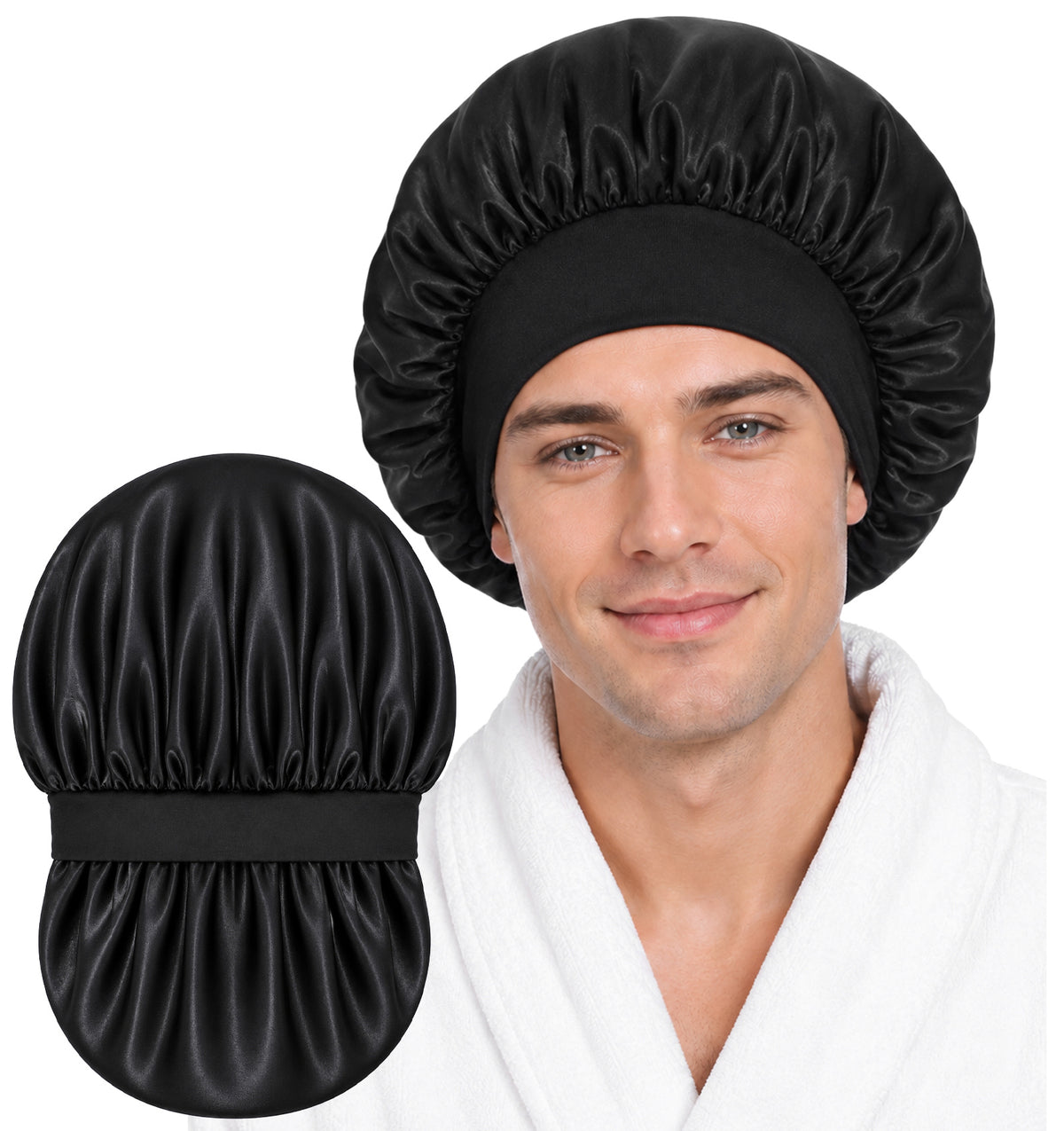 Extra Large Shower Cap for Women, 14 Inch Double Layer Satin Lined (Black)