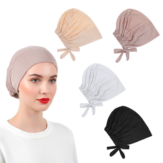 guduling 4-Pack Hijab Cap,Hijab Undercap with 4 Color,Hijabs Undercap Non Slip,Breathable Cotton Inner Caps with Tie-Back Closure, Non-Slip Base for Secure Hijabs Wear All Day