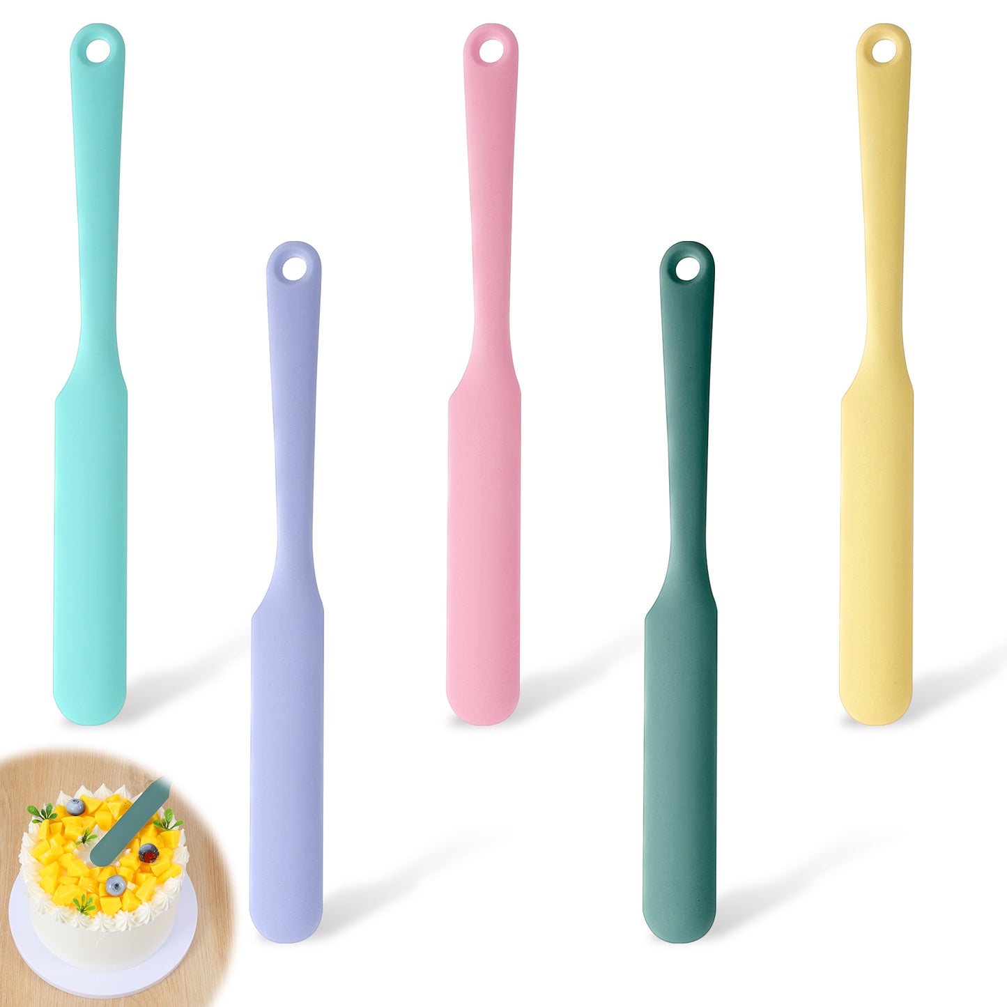 Oruola 5pcs Jar Spatula, 5 Colors Jar Scraper Spatula,Non-Stick with Long Handle Heat-Resistant Sourdough Silicone Scraper, for Kitchen, Baking, Cake Frosting, Resin Craft
