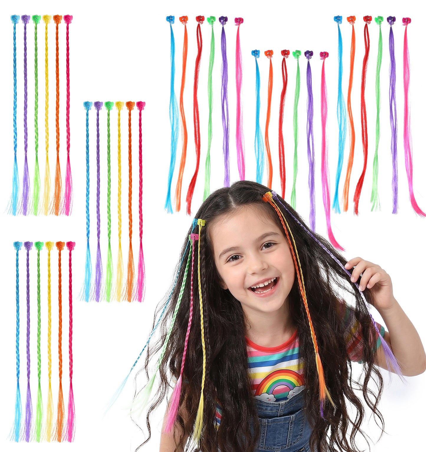 36 Pack Crazy Hair Day for Kids, Rainbow Hair Extensions 12.2 Inch Length, Pink, Blue, Purple, Orange, Green, Yellow, Red Braid and Straight Styles for Cosplay Dress Up